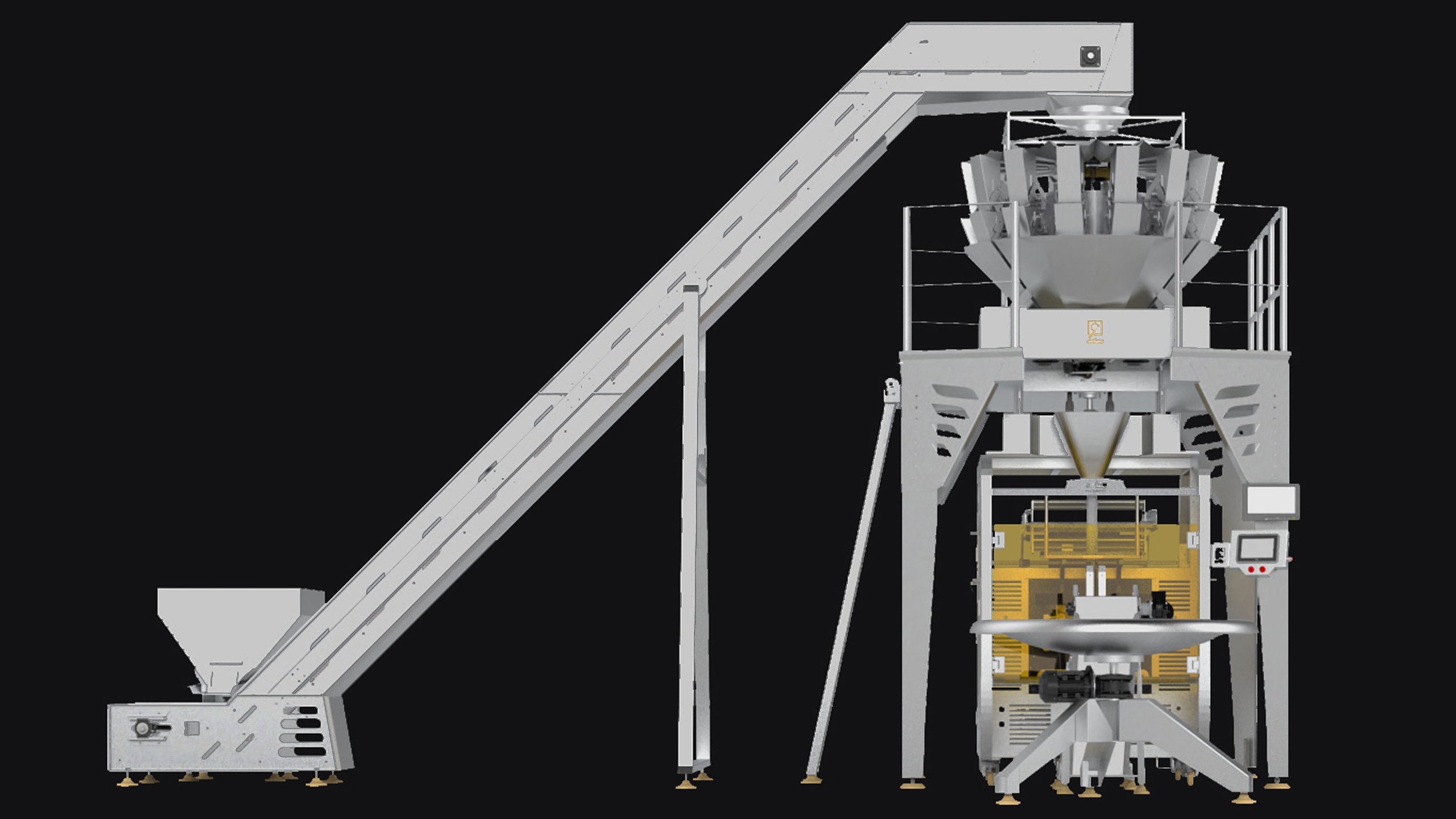 Packaging machine with 14 weighing heads